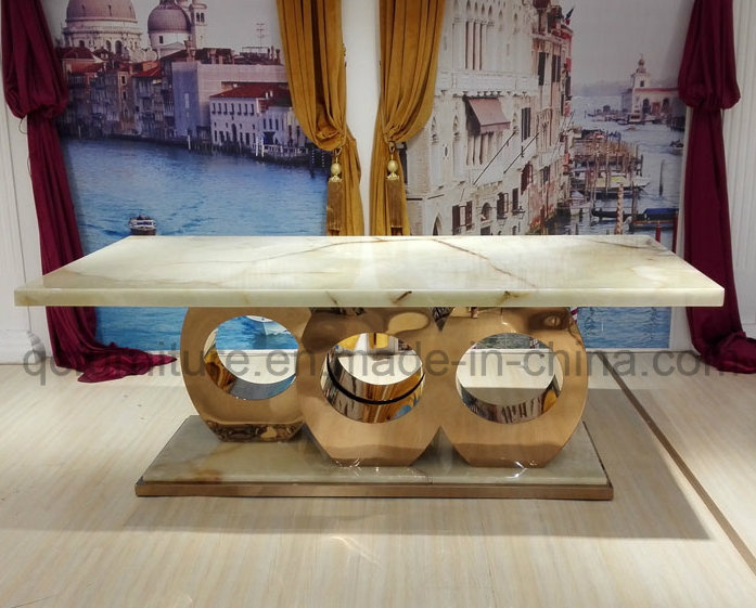 Natural Marble Top Dining Table with Stainless Steel Base