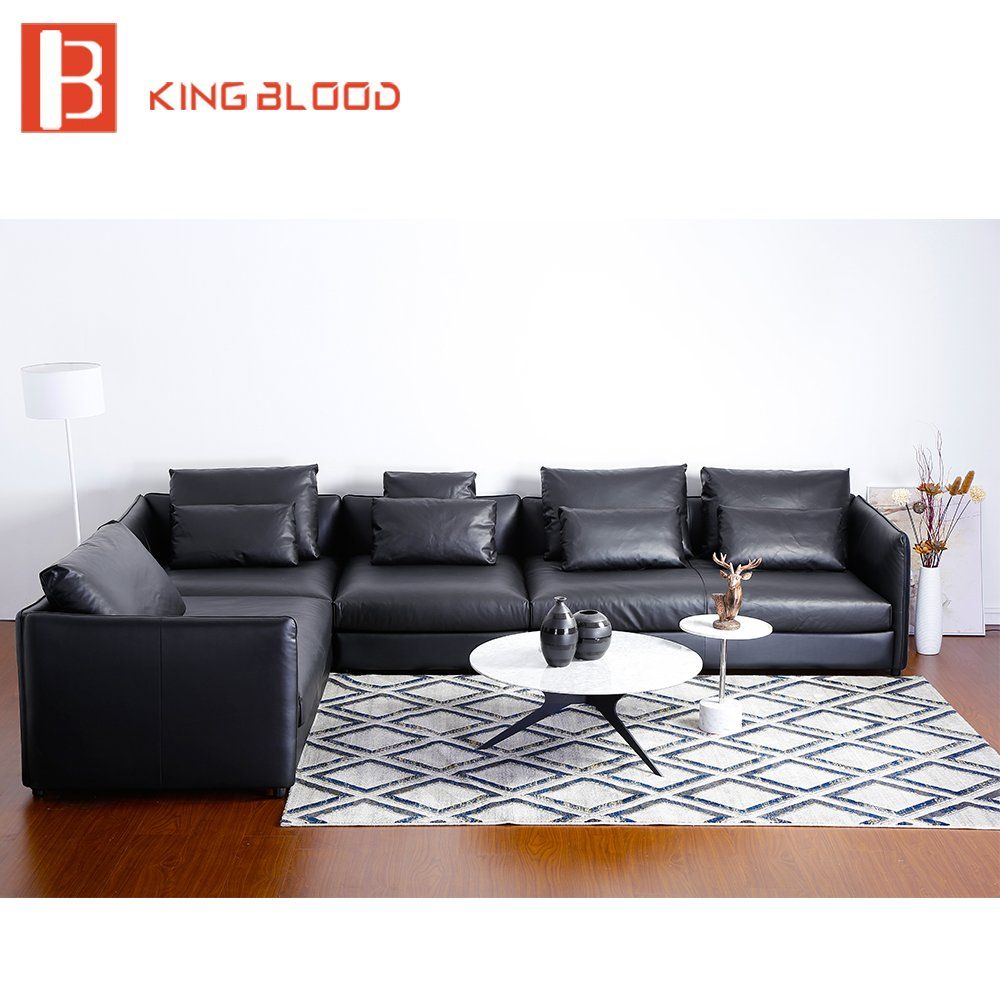 Black Color Italian Genuine L Shape Leather Sectional Sofa Couch