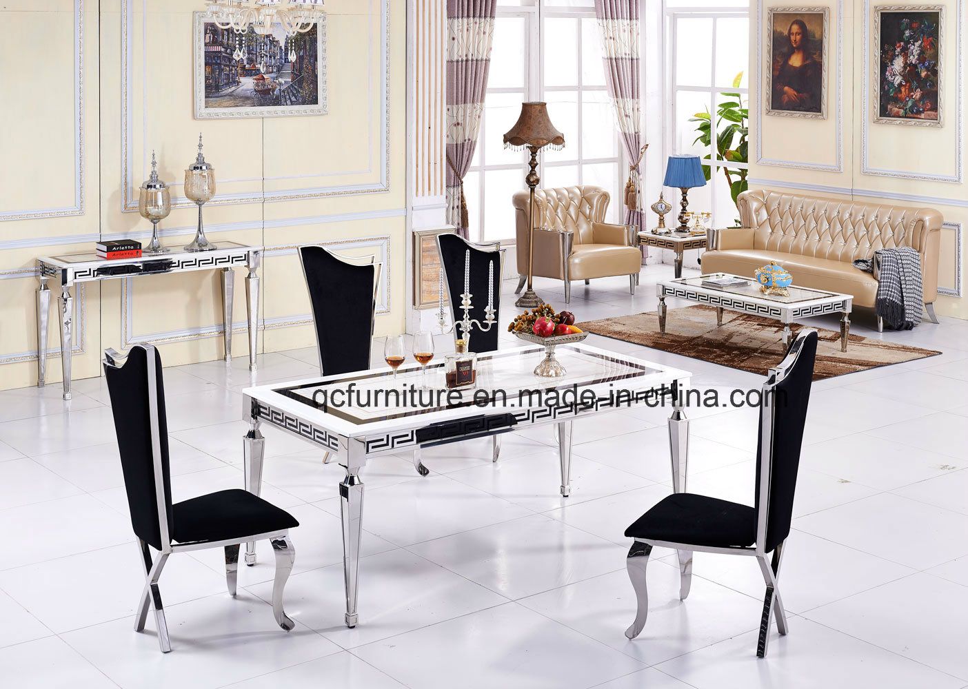 Royal Dining Room Furniture Sets Stainless Steel Marble Top Dining Table
