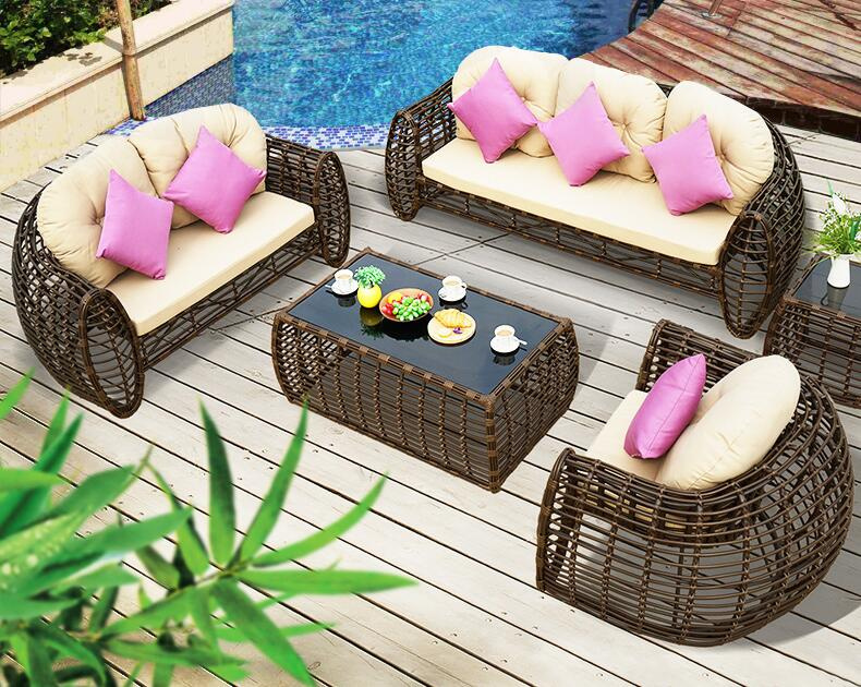 5 Pieces Rattan Sofa Set Garden Sofa PE Rattan Furniture