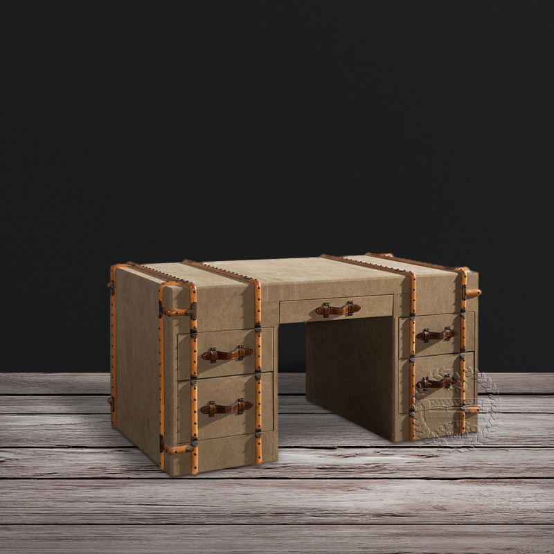 Vintage Tan Canvas Fabric Table with Drawers