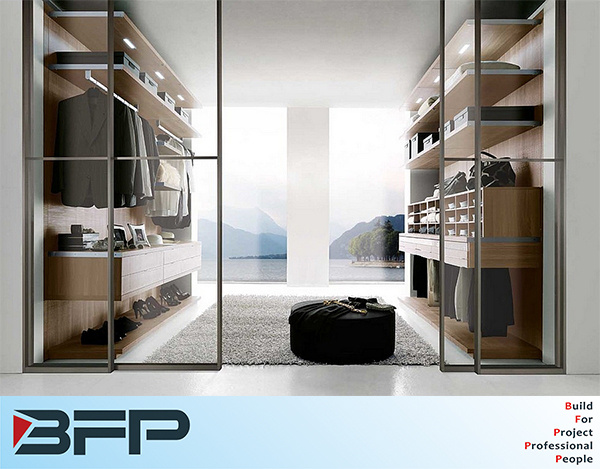 Melamine Wooden Bedroom Wardrobe with Glass Door