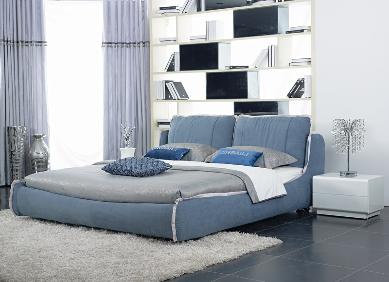 Unique Double Fabric Soft Bed Solid Wooden Frame with Headboard