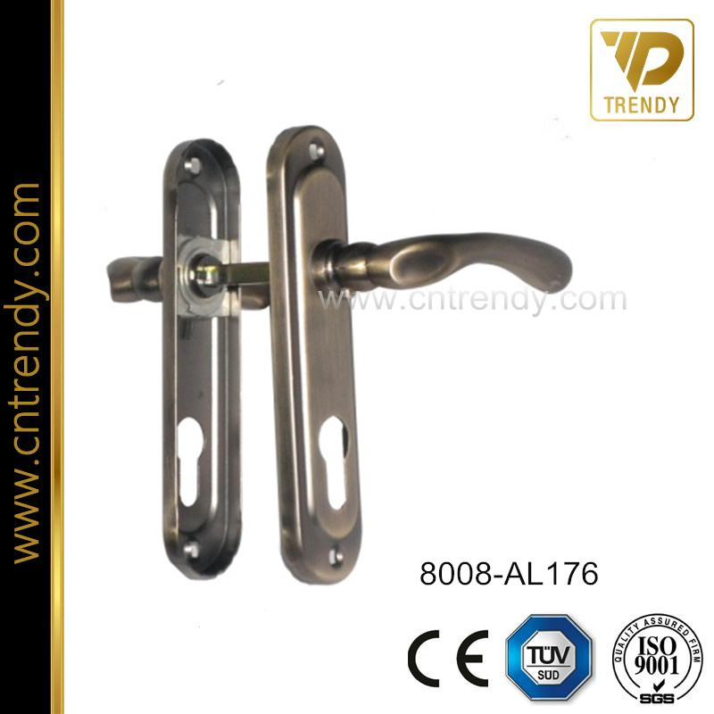 Scimitar Aluminum Lever Lock Door Handle Set on Iron Backplate