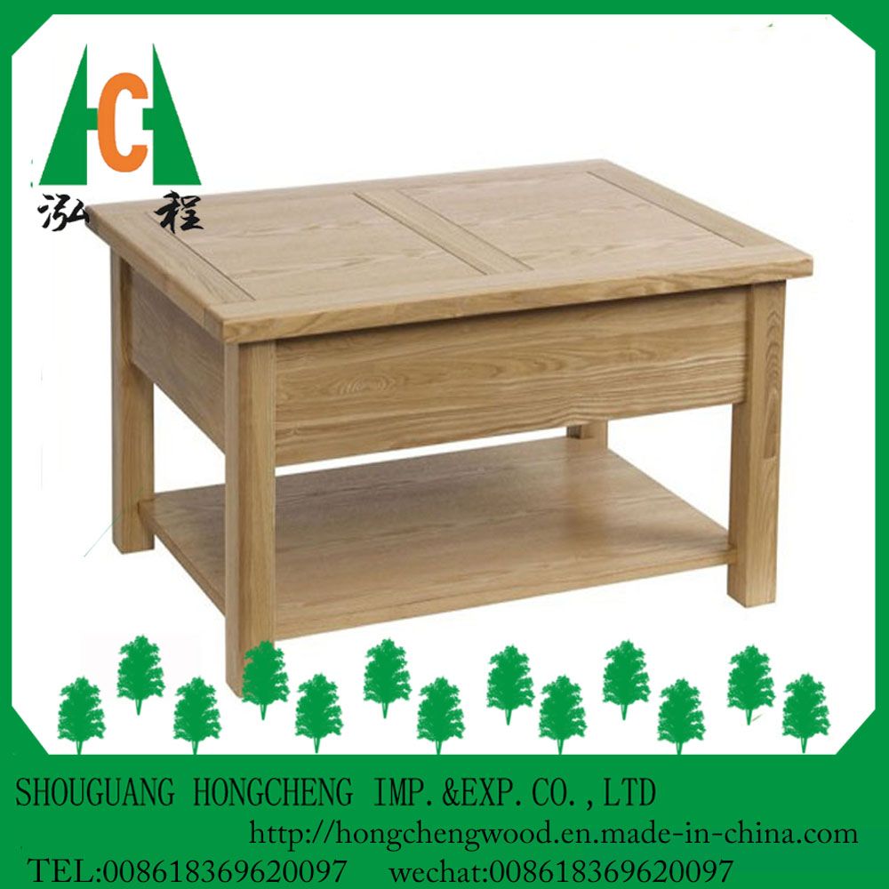 Latest Solid Oak Double Layers Wooden Coffee Table with Drawers