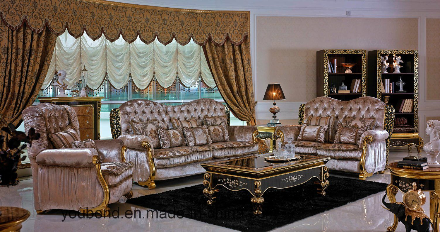 0061 Solid Wood Hand Carved Painting Dark Color with Golden Decoration Classical Fabric Sofa