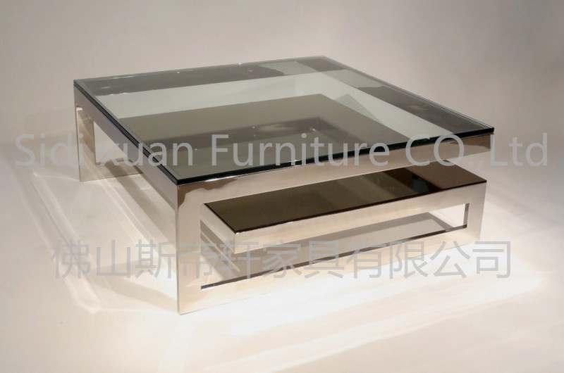 Square Glass Top Coffee Table with Silver Steel Leg and Frame for Home Furniture