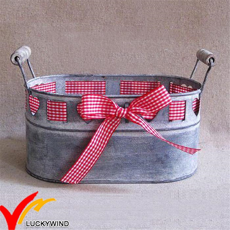Ribbon Decor Oblong Galvanized Antique Metal Flower Planter