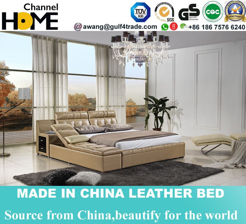 Luxury Home Bedroom Beige Leather Bed with Bedside Table (HC577)