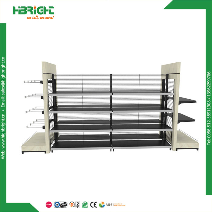 Retail Store Wood Shelving Supermarket Display Metal Shelf and Highbright Grocery Island Wooden Gondolas
