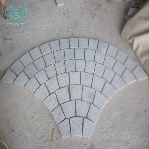 Fan Shaped White Granite G603 Cobble Stone on Mesh for Paving