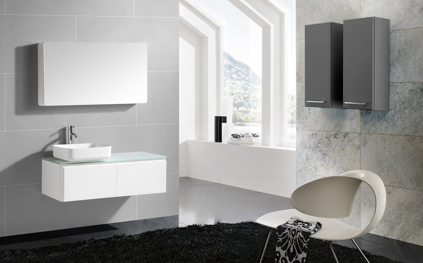 PVC Bathroom Cabinet with Glass Worktop and Ceramic Basin