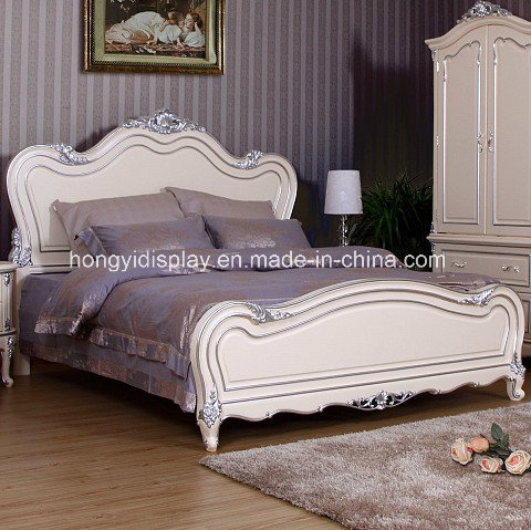 European Rustic Wood Structure Double Bed with Unique Design and Handmade Carving