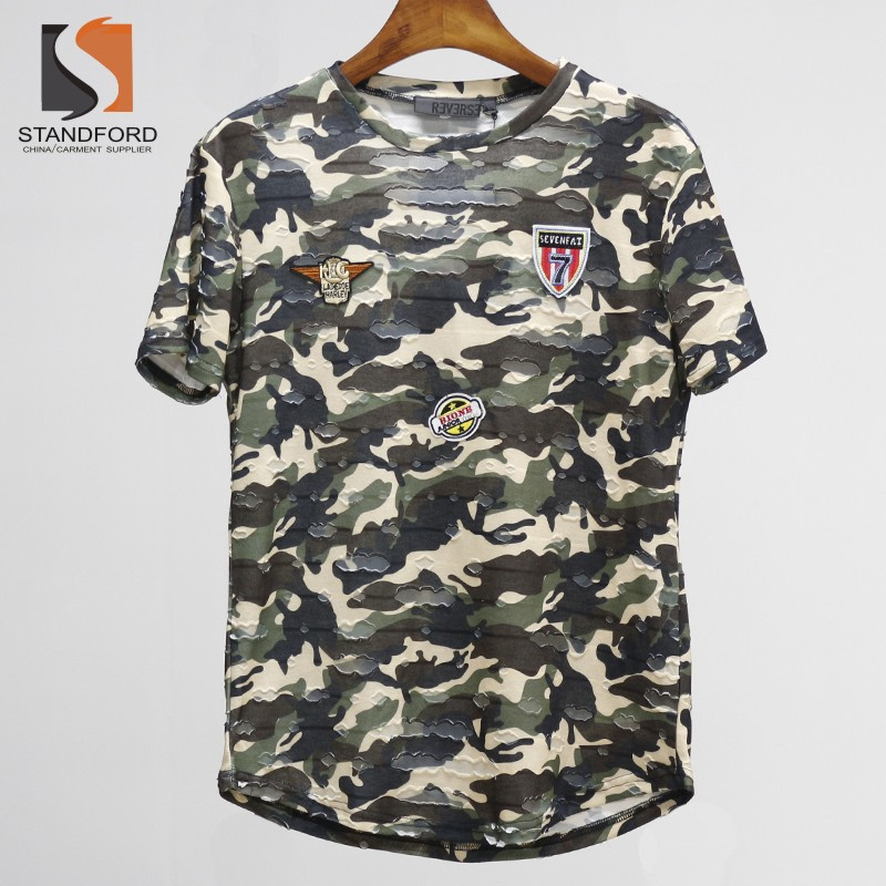 Mens Hipster Hip Hop Ripped Round Hemline Camouflage T Shirt