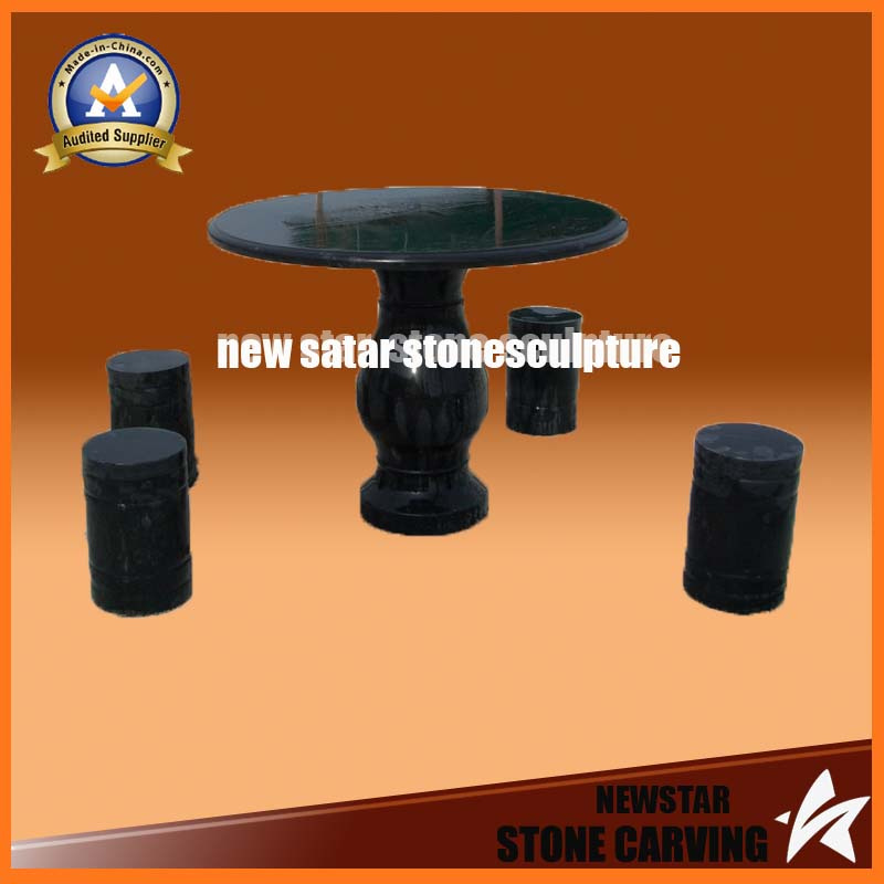 Black Granite Carving Round Table with Four Round Benches