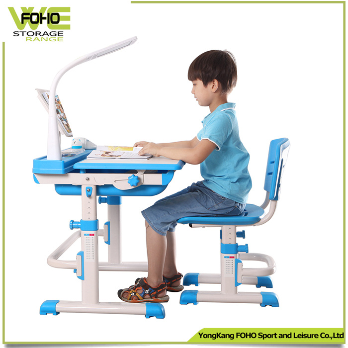 Children Study Desk and Chair Blue Pencil Holder Plastic Kids Homework Table