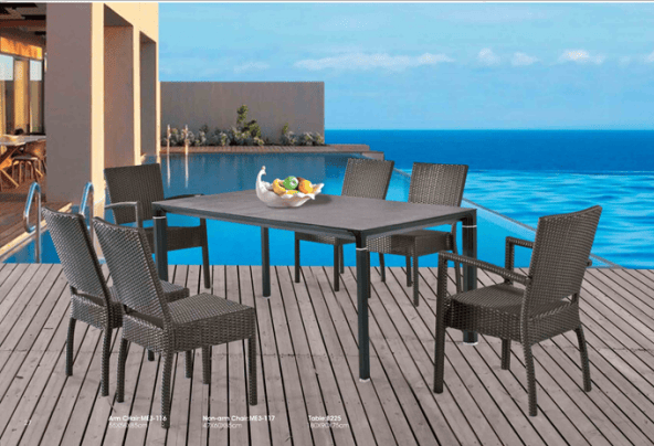 Outdoor Long Table with Rattan Chair Non- Armchair Chair