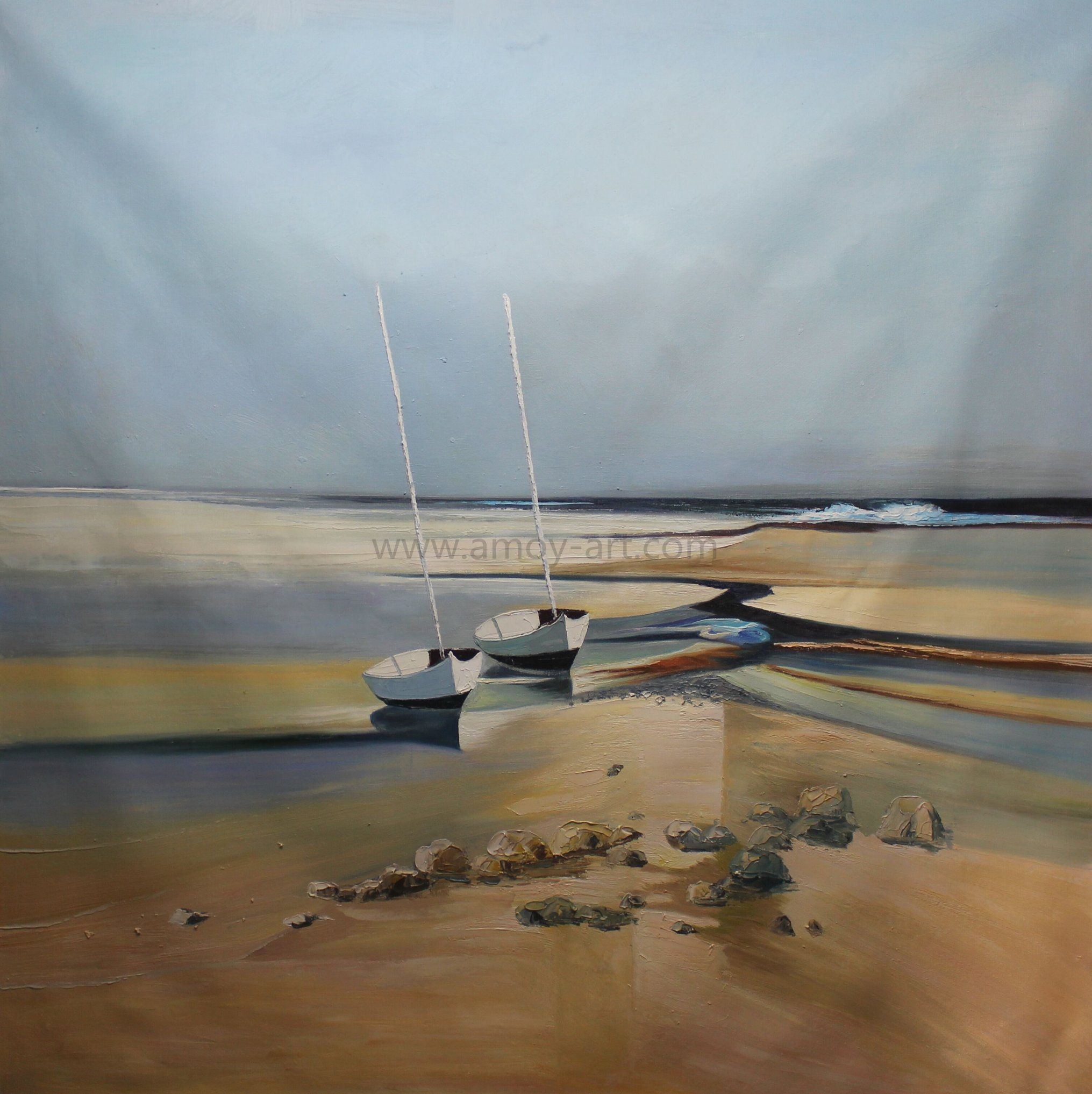 Handmade White Boat Canvas Oil Painting with Brushstroke for Home Decor