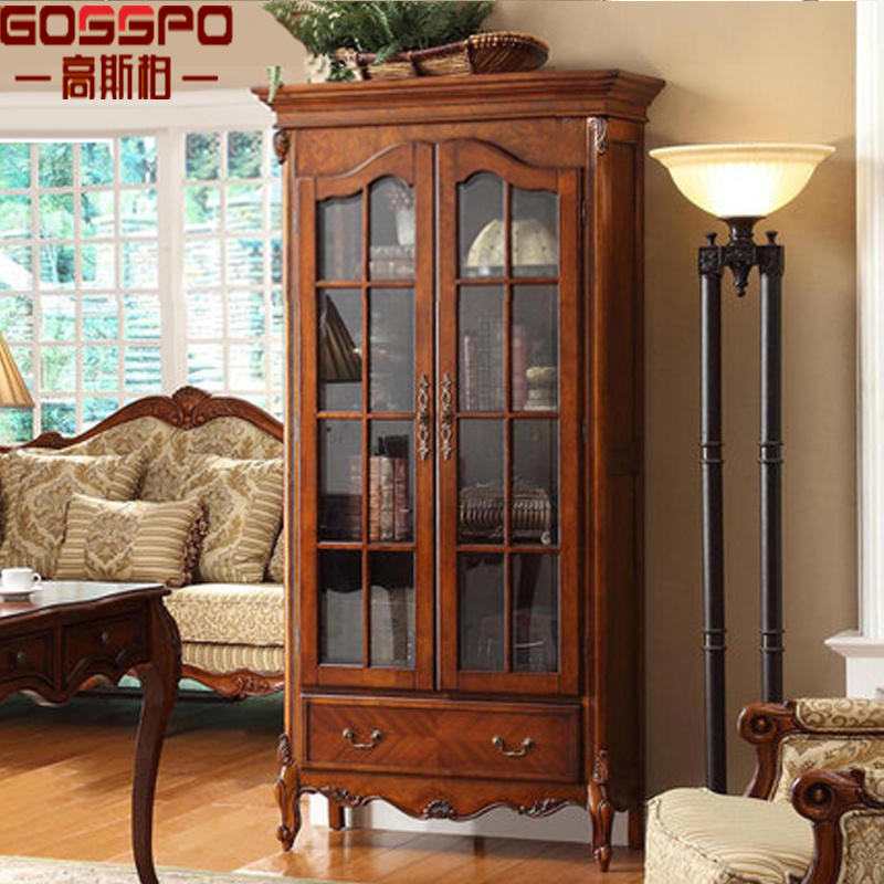 European Style Narrow Wood Bookshelf Bookcase with Glass Door (GSP18-009)