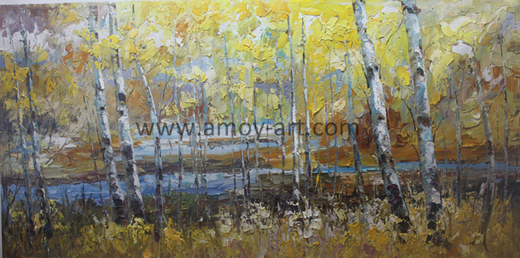 Handmade Canvas Art Painting Birch Trees with Heavy Textures for Home Decor
