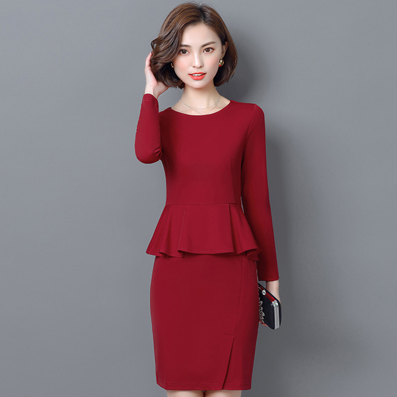 Ladies Flouncing Hemline Bodycon Women Long Sleeve Office Suit Dress