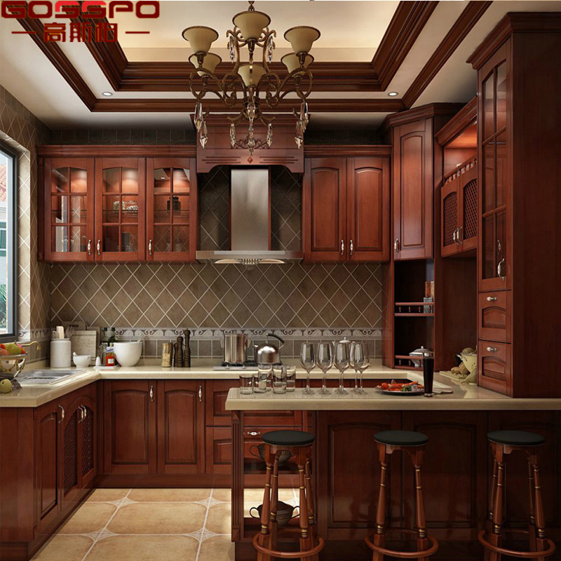 U Shape Oak Solid Natural Wood Kitchen Cabinet (GSP10-007)