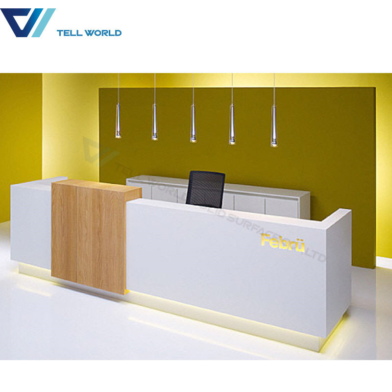 Cheap I Shaped Lighted up Bar Stone High Glossy Stone Restaurant Cashier Reception Desk