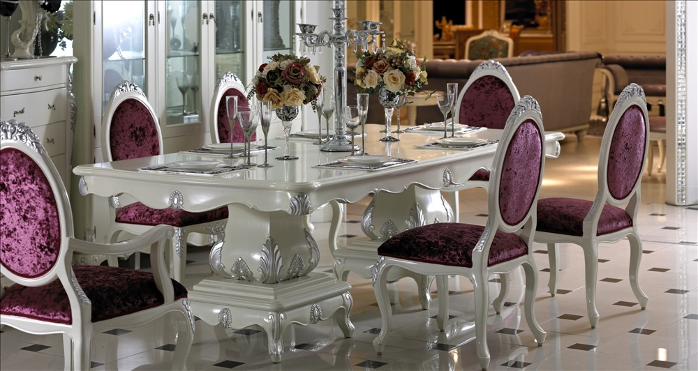 Fresh White Painting with Silver Cover Classical Solid Wood Hand Carved Dining Table