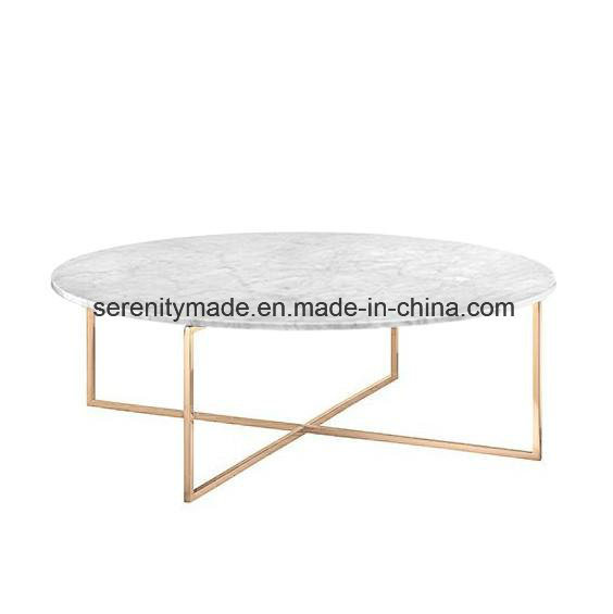 Living Room Round Marble Coffee Table with Gold Frame