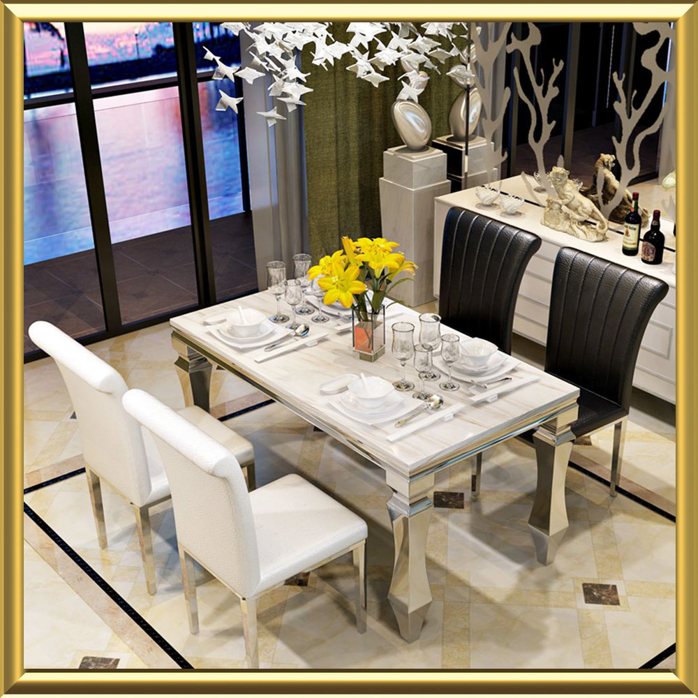 Stainless Steel Luxury Dining Room Marble Table and Chair Set