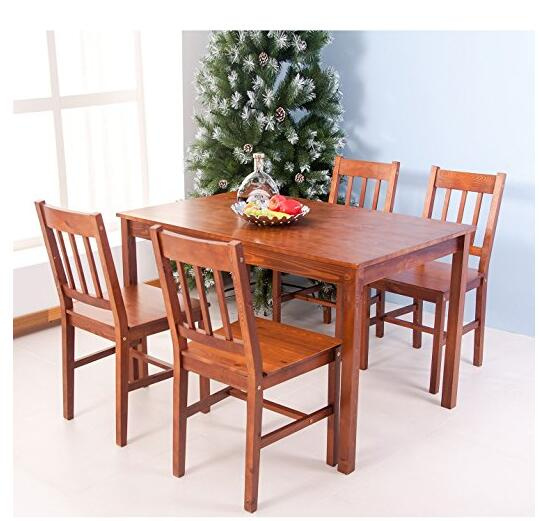 Merax 5PC Dining Dinette 4 Person Table and Chairs Set Soild Pine Wood Dining Kitchen (brown)
