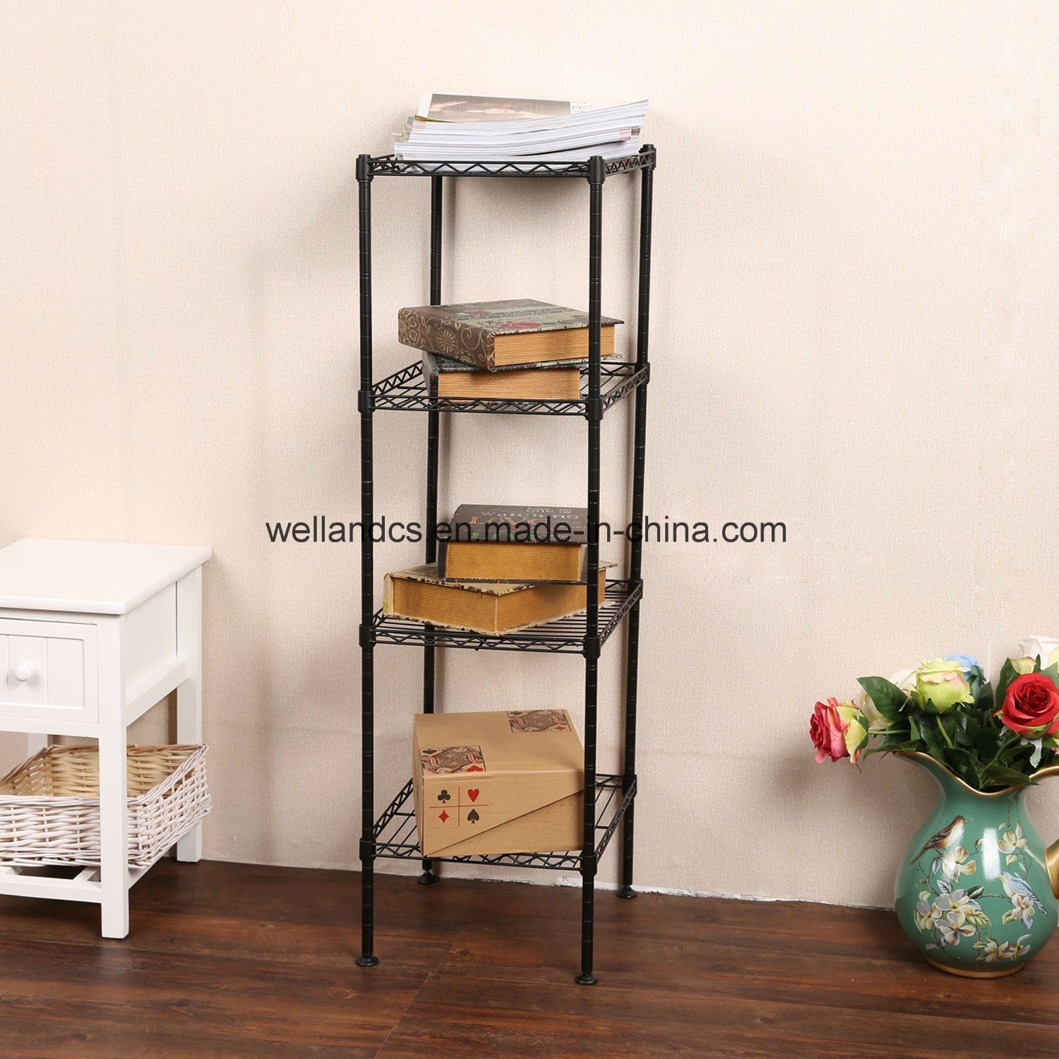 Square Metal Furniture Black 4 Shelf Small Corner Metal Wire Storage Rack Shelving Unit