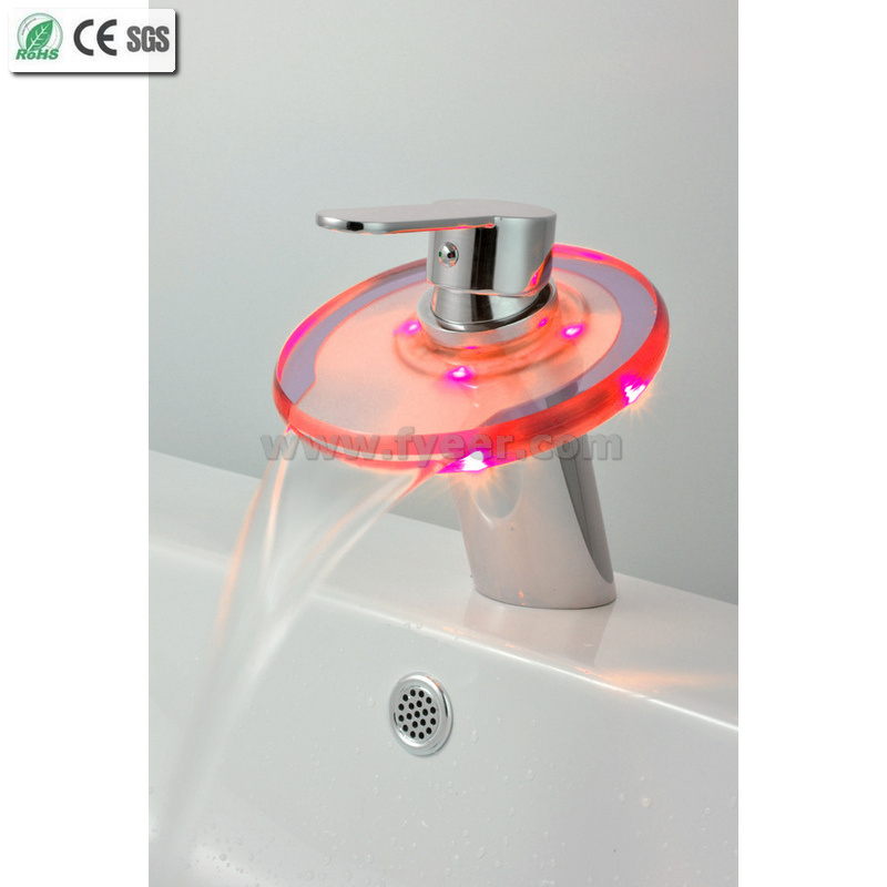 Round Glass Waterfall Color Water Tap LED Basin Faucet (QH0820F)