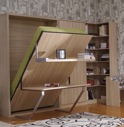 Vertical Tilting Single Murphy Wall Bed With Table And Shelf