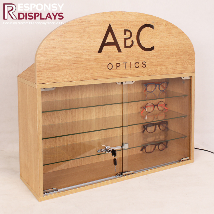 Custom Counter Style Wood Optics Glasses Wall Display Cabinet