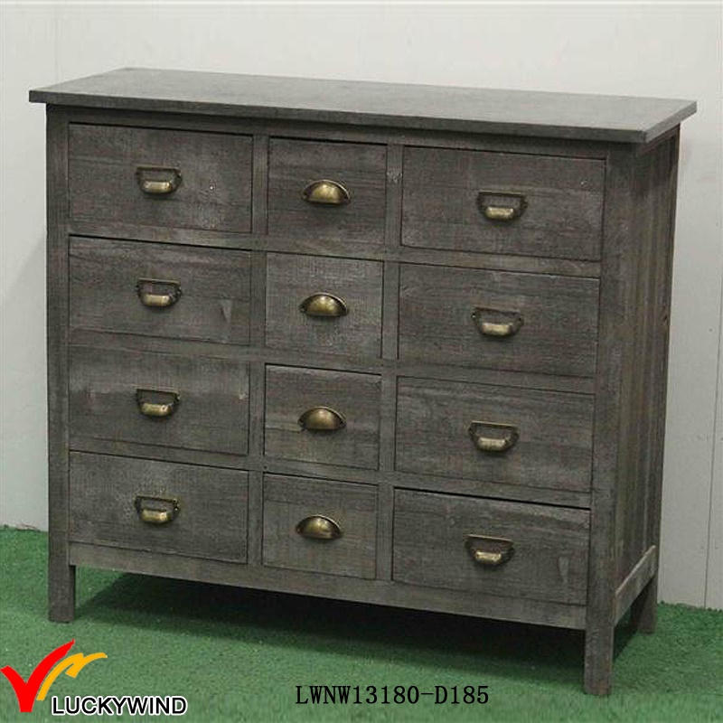 12 Drawers Shabby Grey Antique Solid Wood Side Cabinet