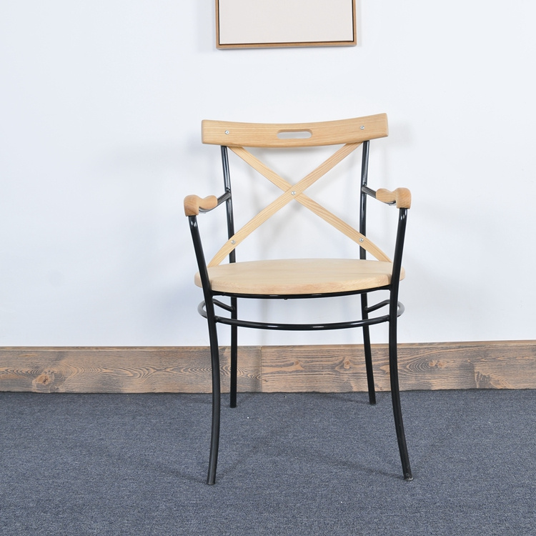 Steel Wooden Seat X Cross Back Restaurant Furniture Dining Chair with Arm