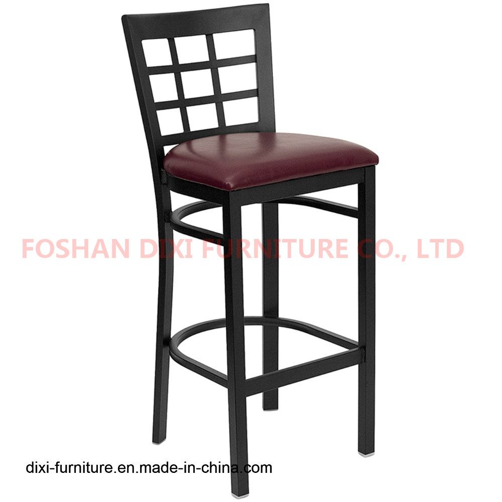 Bar Furniture Black Window Back Metal Restaurant Barstool with Burgundy Vinyl Seat
