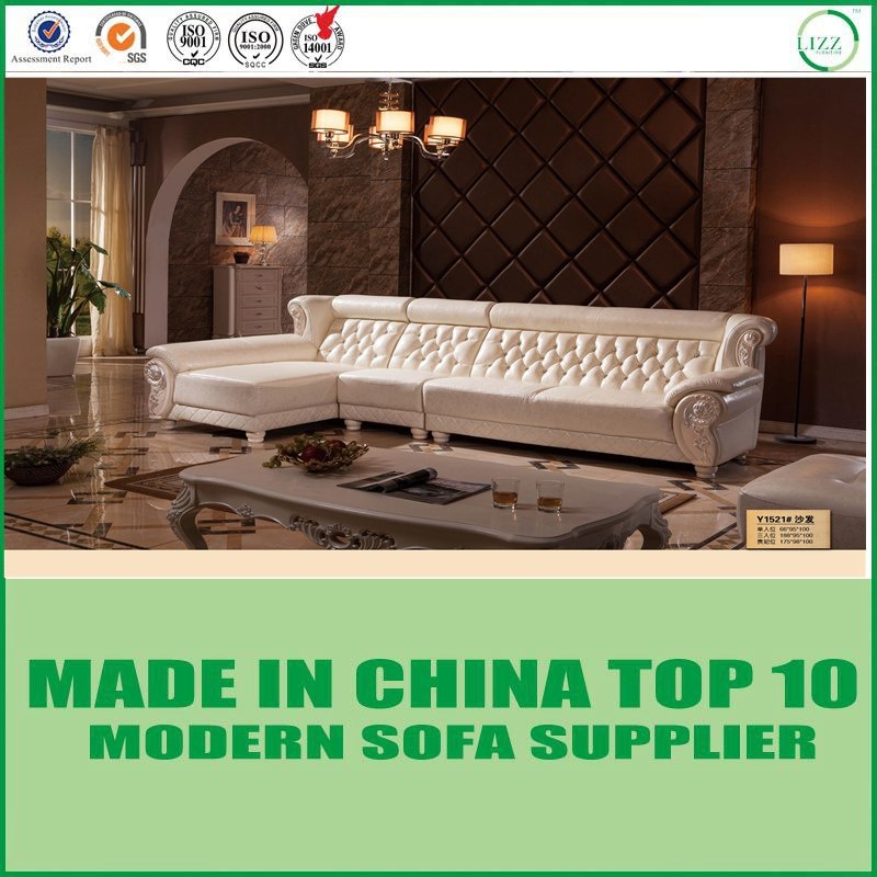 Solid Wood European Sectional Italian Leather Sofa with Chaise