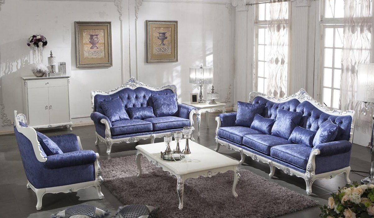 0036 Solid Wood White Painting with Silver Decoration Classical Fabric Sofa