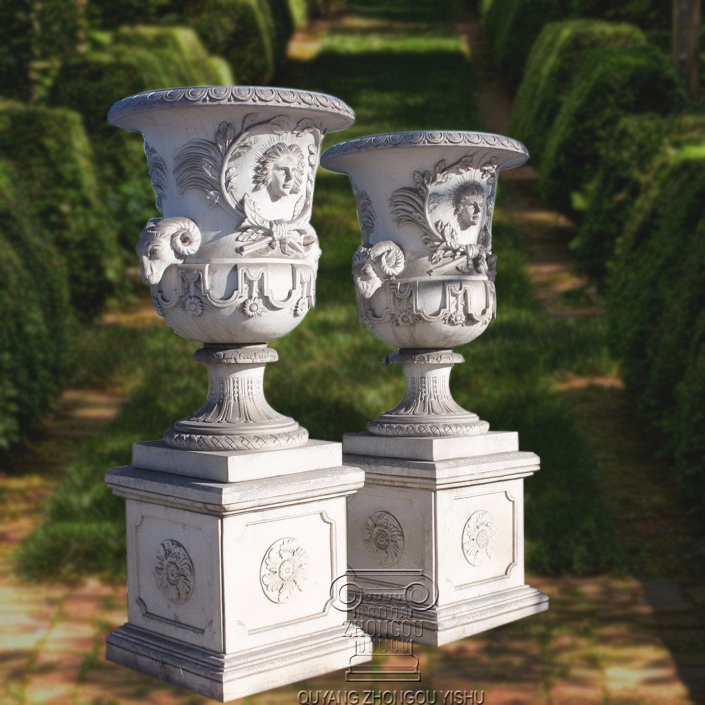 Hand Carved Green Marble Flowerppot Urn with Base, for Garden Decoration