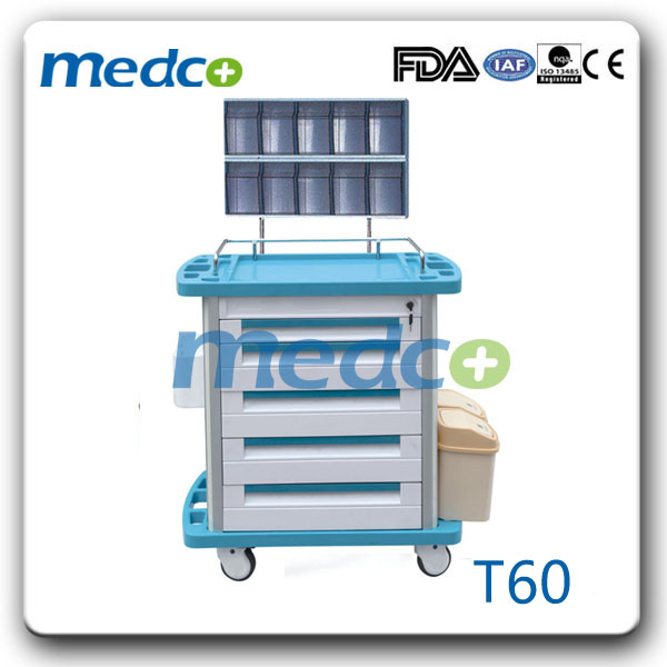 Medical Plastic Cart/ Hospital ABS First Aid Nursing Anesthesia Trolley with Lid Dustbin