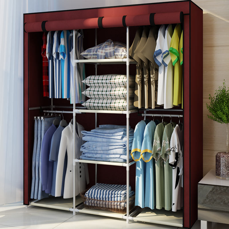 Foldable Fabric Wardrobe with Metal Tube Clothes Closet with Doors