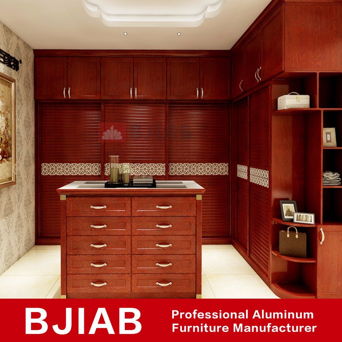 Customized Red Teak Classic Metal Home Furniture Aluminum Wardrobe