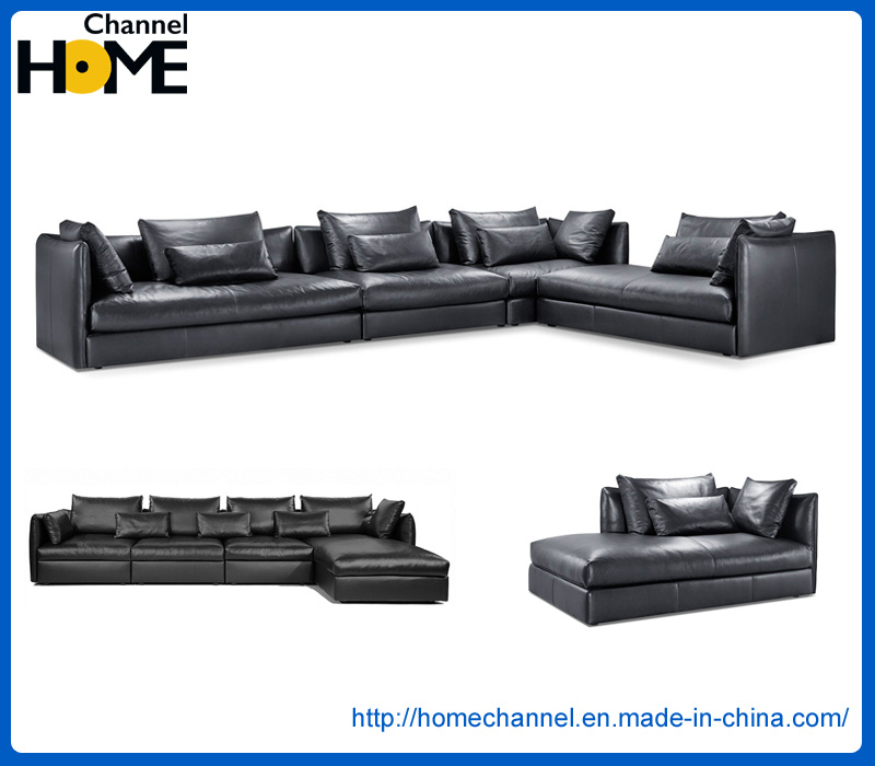 Italy 7 Seater Sectional Black Top Grain Leather Sofa for Living Room (HC3036)