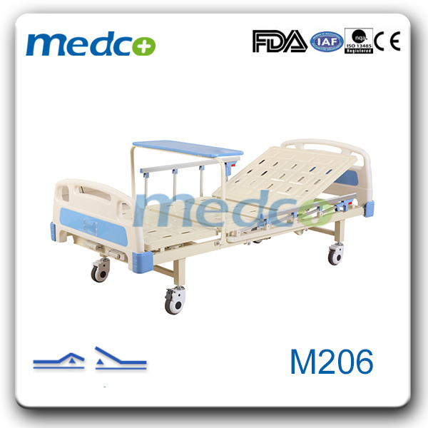 Hospital Patient Care Bed, 2 Functions Manual Nursing Bed with Over Bed Table