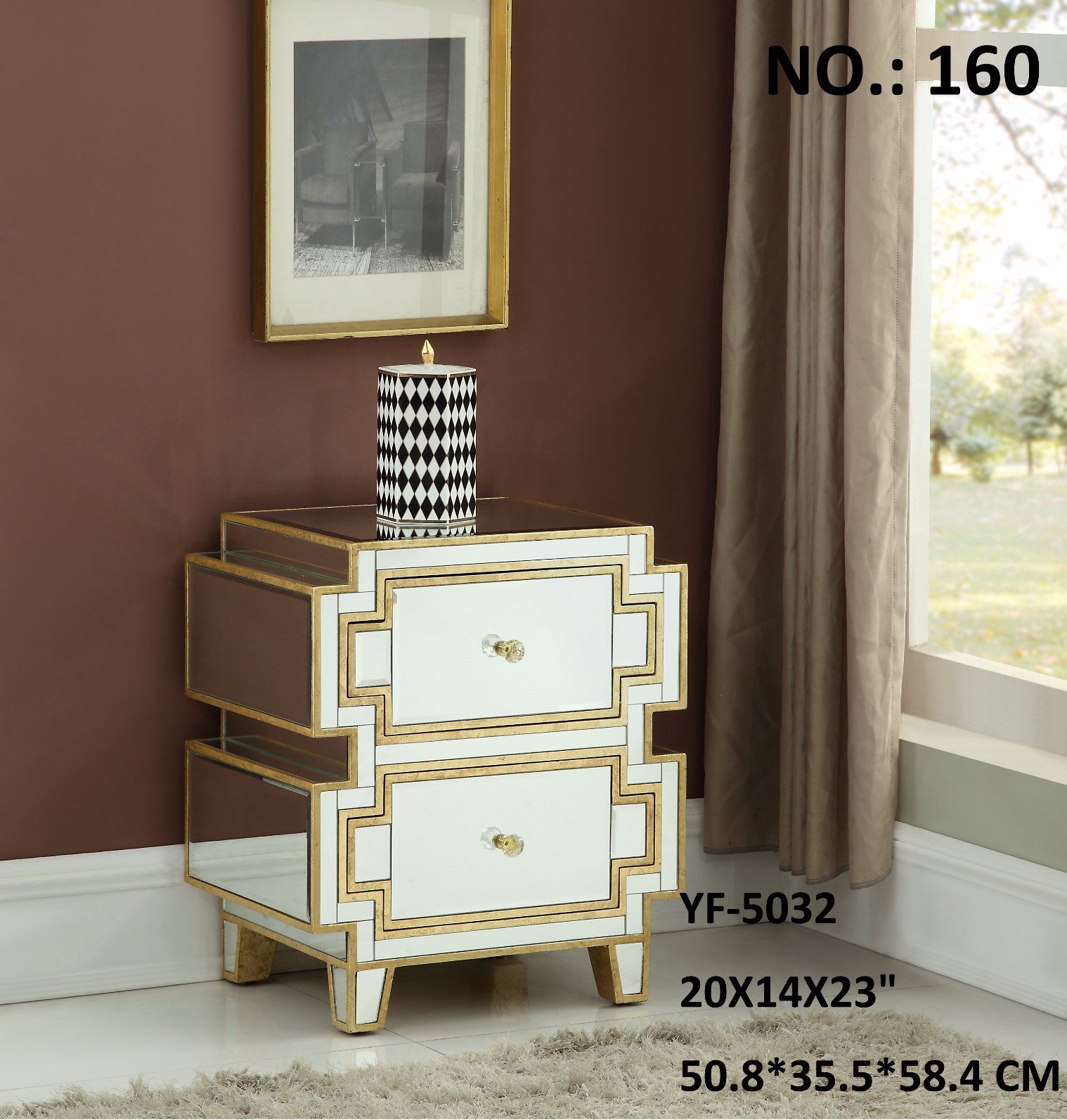 Gold Edge Mirrored Nightstand Table with 2 Drawers
