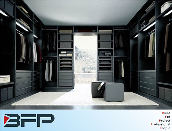 Black MDF Walk in Wardrobe Storage with Modern Style