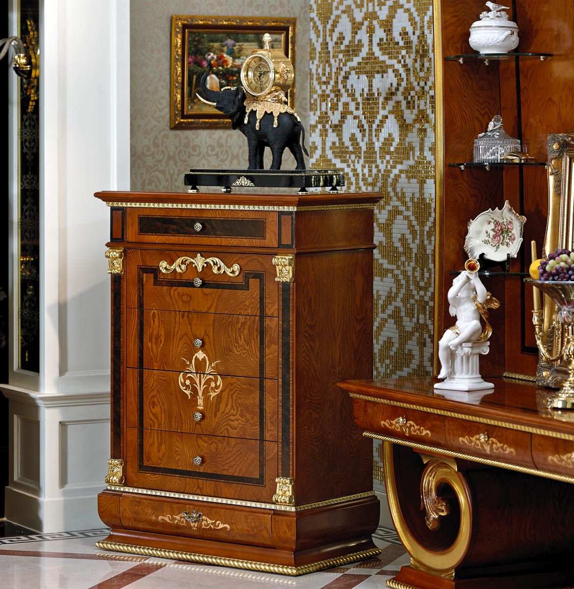 0038 Import Beech Solid Wood Carved by Hand Style Drawer Cabinet