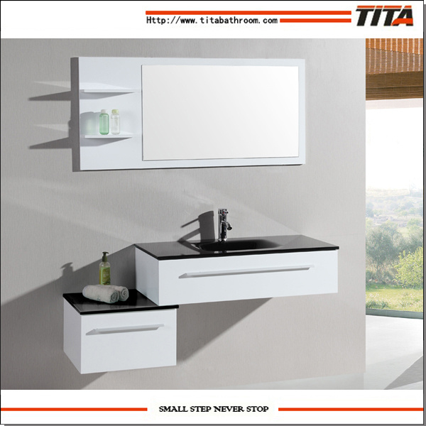 Solid Wood Wall Mounting File Bathroom Cabinet with Tempered Glass Top